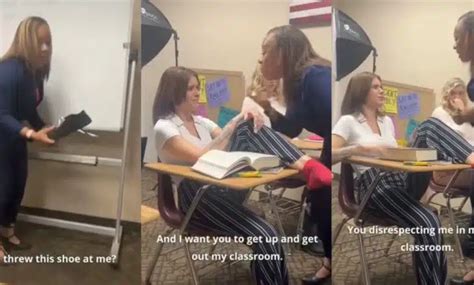 student throws shoe at teacher real or fake|Major update as vid shows female student hurl chair at teacher .